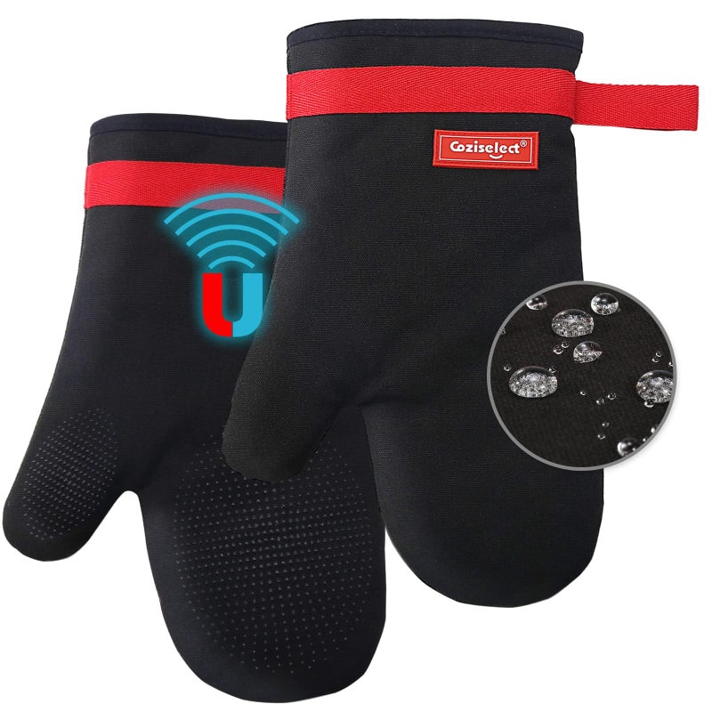 Coziselect Silicone Oven Mitts, Magnetic Oven Mitt Set, Cotton Oven Mits Heat Resistant, Anti-Slip Hot Mitts for Kitchen, Cooking, Baking, Grilling, Black - Image 1
